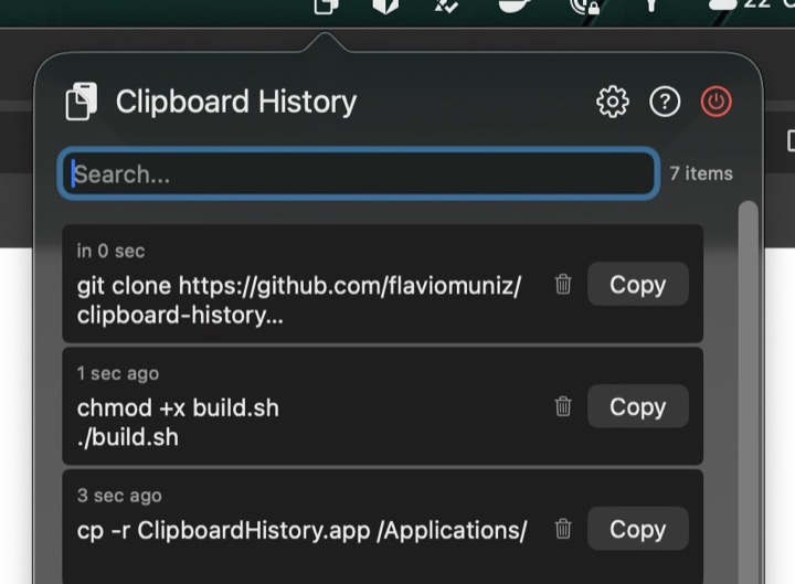 Clipboard History menu bar window listing recently copied items