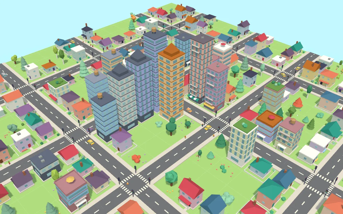 A colorful low-poly city with towers, houses, roads and traffic